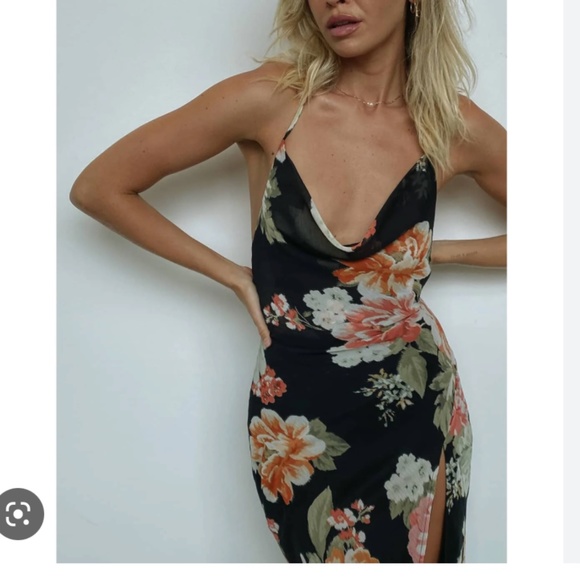 Jagger And Stone, Black + Floral Midi Dress, Halter Tie Neck, So Sexy Leg Split - Picture 3 of 8